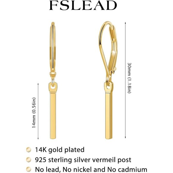 14K Dainty Gold- Bar Leverback Dangle Drop Hypoallergenic Earring for Women - Picture 6 of 7